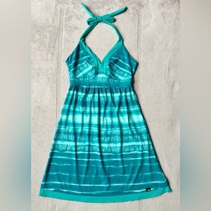 THE NORTH FACE Halter Mini Dress, SMALL, Turquoise Blue/White, Ties at Neck, EUC